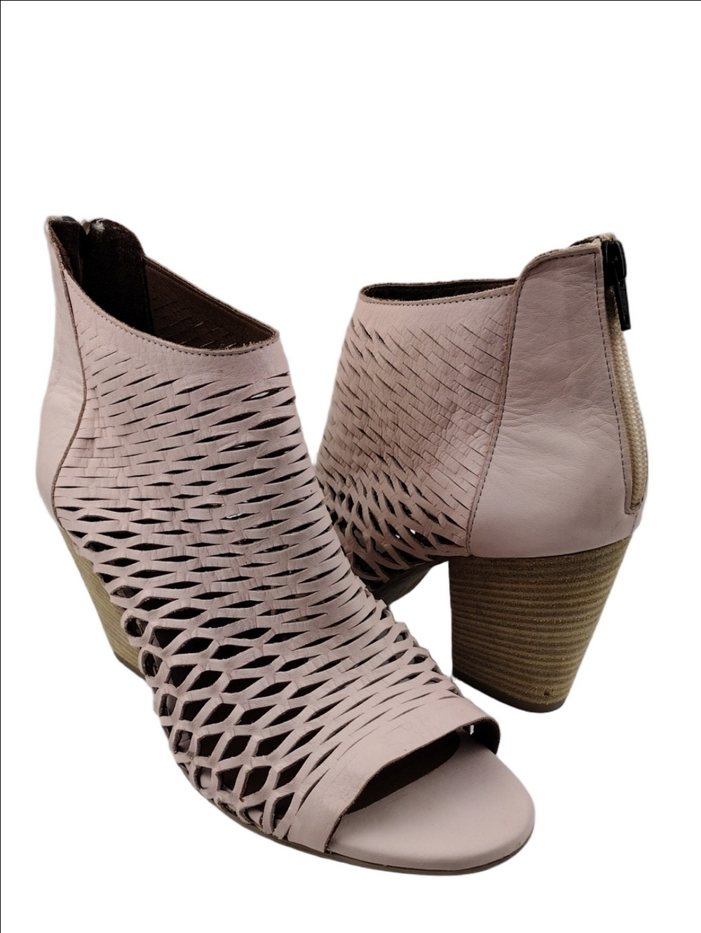 Bueno Zola Pink Netted Laser Cut Leather Zip Back Open Toe Stacked Heel Booties